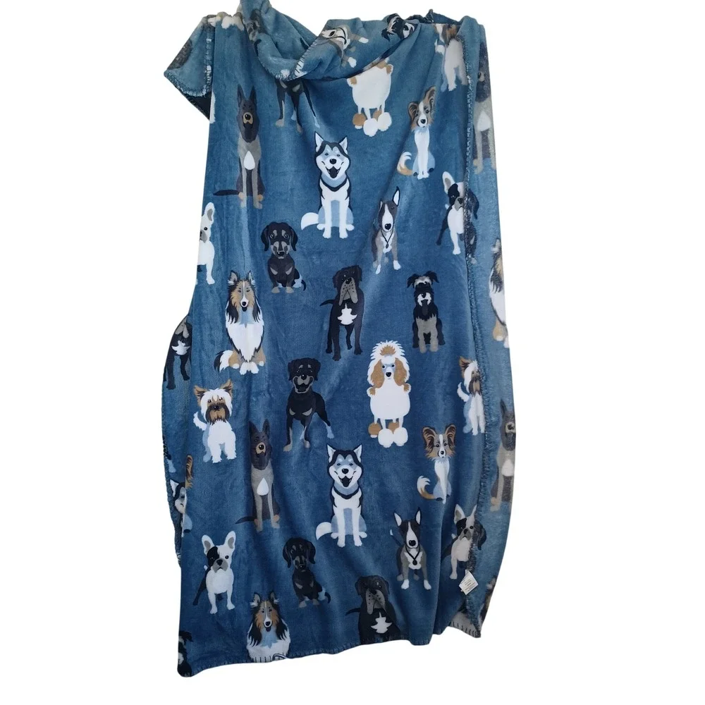 Mainstays Dog Breed Print Plush Fleece Throw Blanket Blue 50x60 Husky Poodle